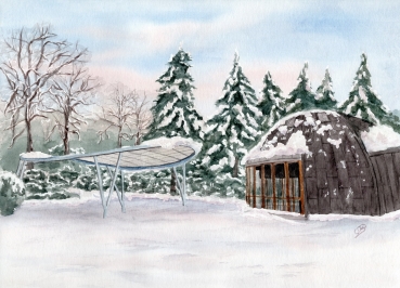 Poster DIN-A3  Aquarell Maritim Kunst Druck Kunstdruck Konzertpavillon in Graal-Müritz im Winter - GM12